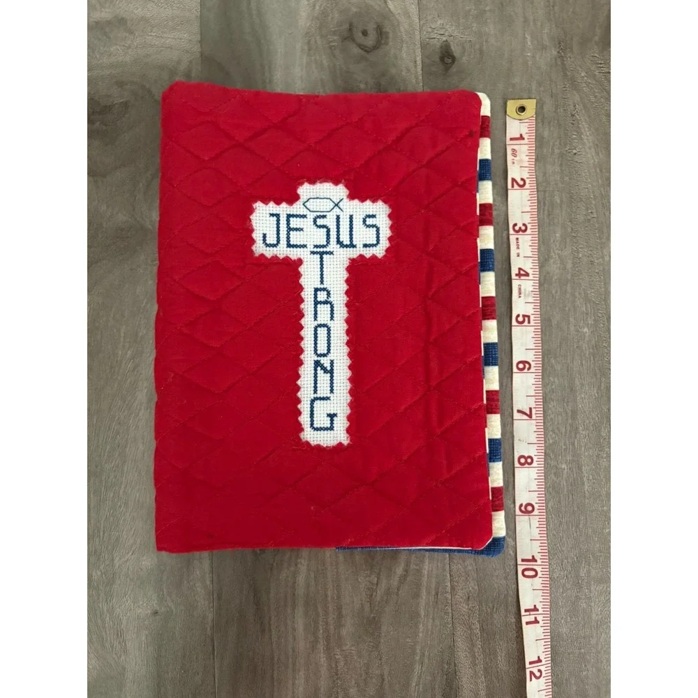 Handmade Vintage Quilted Bible Cover Cross Jesus Strong Red white blue